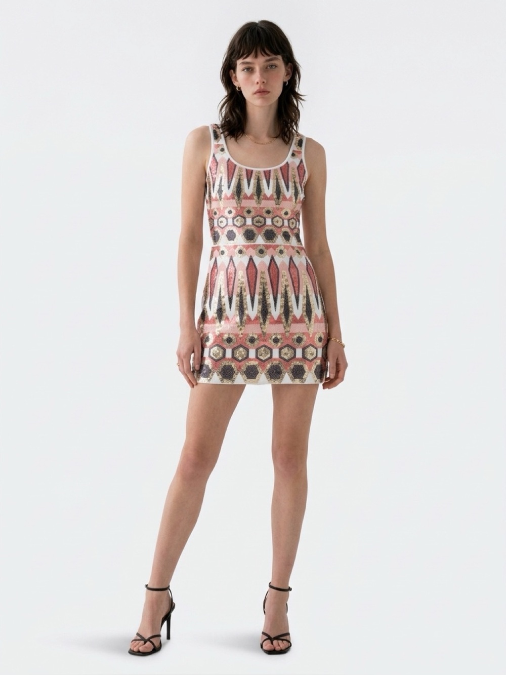 Bebe Y2K Sequin Geometric Tank Dress in Pink, Gold & Black XS